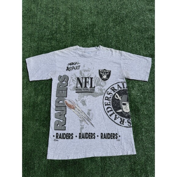 Vintage 90s Salem Oakland Raiders All Over Print NFL Gray Size Medium USA Made - Picture 1 of 11